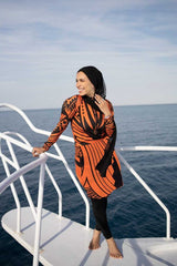 Sunny Coral Orange Black Tribal Print Long Sleeve Swimsuit