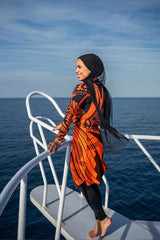 Sunny Coral Orange Black Tribal Print Long Sleeve Swimsuit