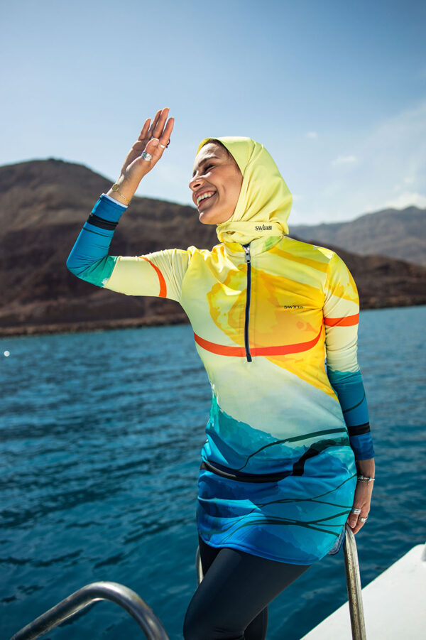 Sunburst Waves Yellow Blue Wave Print Hooded Swim Set
