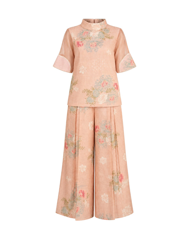 Dessert Rose Peach Embroidered Linen Top and Culottes Two-Piece Set