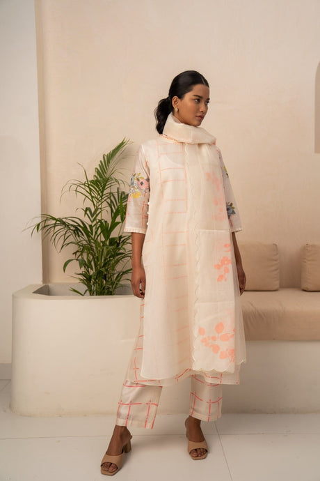 Ivory And Pink Checks Double Layer Tunic And Pant from ARCVSH by Pallavi Singh, sheer layered tunic set, front view