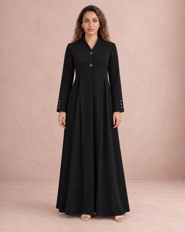 Black Pleated Button-Front Abaya