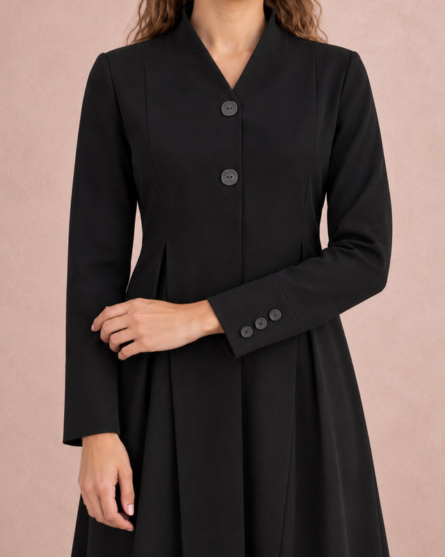 Black Pleated Button-Front Abaya