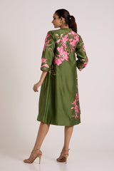 Olive Rafiya midi jacket back view showing the pink floral applique across the shoulders