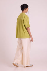 Binda green embroidered shirt back view showing the dropped shoulders and short sleeves