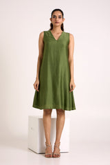 Olive Rafiya sleeveless V neck slip dress without the jacket, full length front view