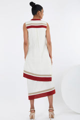 Sachi ivory layered midi dress, back view showing the red and beige banded tiers