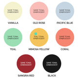 Alba tunic colour chart showing vanilla, old rose, pacific blue, teal and more embroidery shades