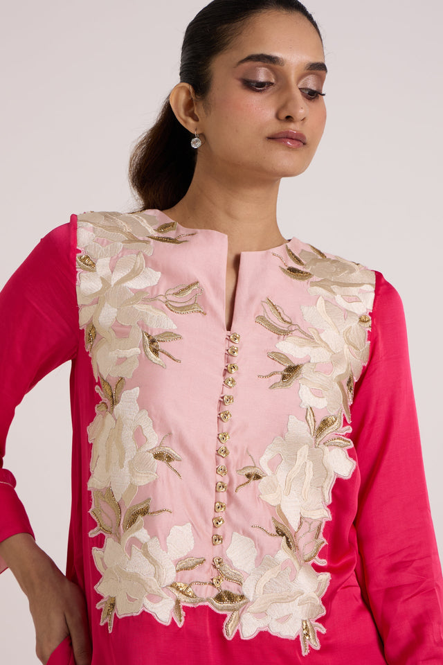Close front view of the Cory dress blush bib with ivory floral applique and gold buttons