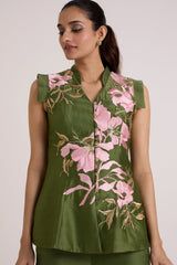 Close front view of the Stacy olive vest pink floral applique and gold buttons