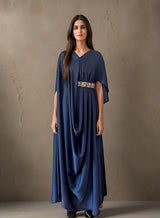 Drape Silk Kaftan by Ecstacy in navy blue with cape sleeves and gold embroidered side belt, model front view