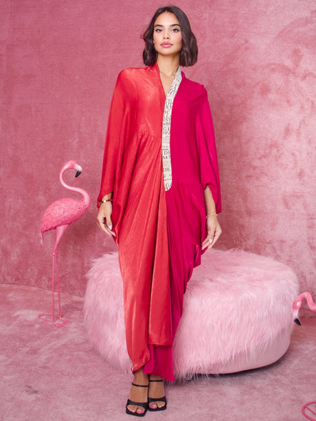 OP Dual Tone Kaftan by Ecstacy in coral red and fuchsia with letter print front placket, model front view