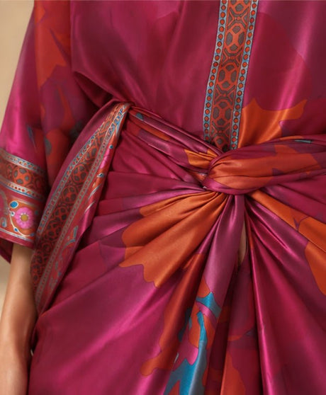 Close-up of the Dusky Co-ord Set twisted knot and geometric embroidered trim