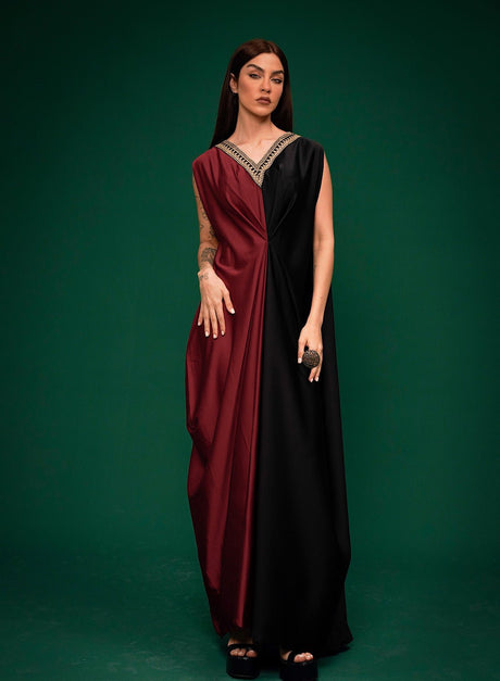 Harf kaftan set inner dress in red and black with embroidered V-neck, shown without the kaftan