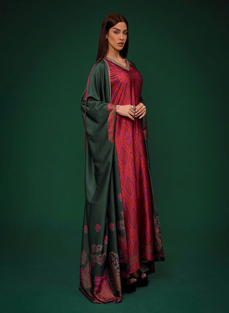 Manzare Kaftan Set G by Ecstacy, bottle green cape over a fuchsia jacquard dress with gold V-neck, model front view