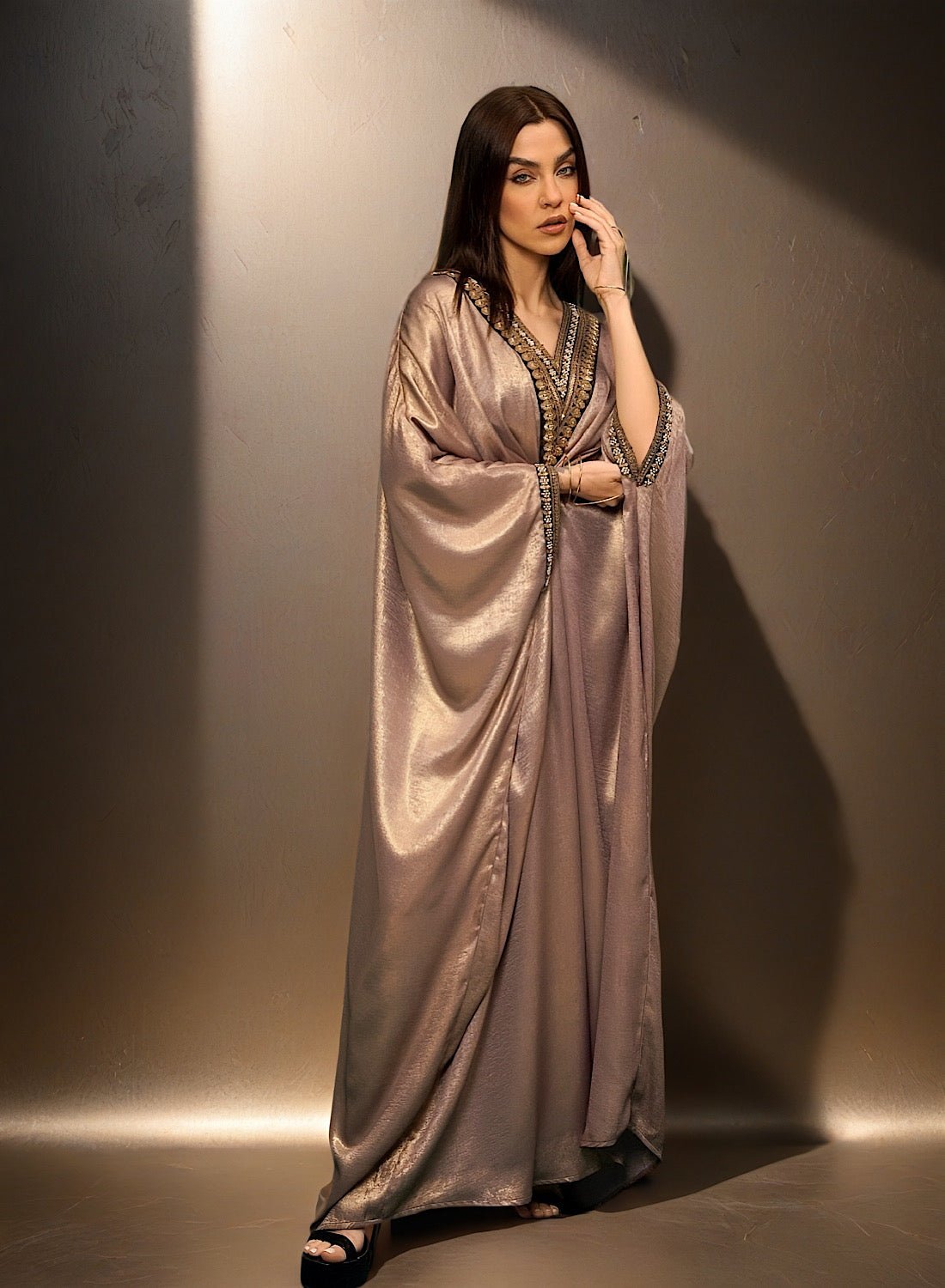 Mauve Shimmer Kaftan side angle view showing the wide draped batwing sleeves and full length