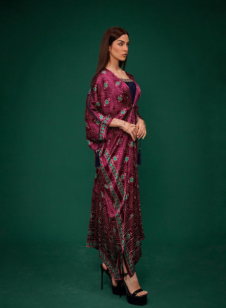 Naqsh Kaftan Purple side view showing the batwing sleeve and tassel ties