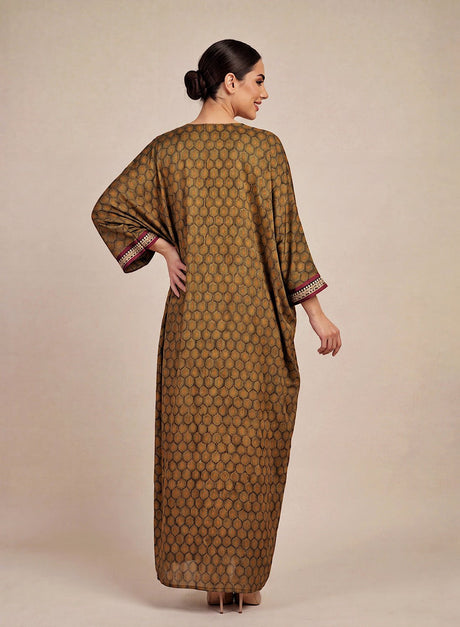 Sanabil Kaftan back view showing the olive print and bordered sleeves
