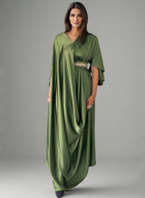Silk Side Belt kaftan by Ecstacy in moss green with draped sleeves and gold embroidered belt, model front view
