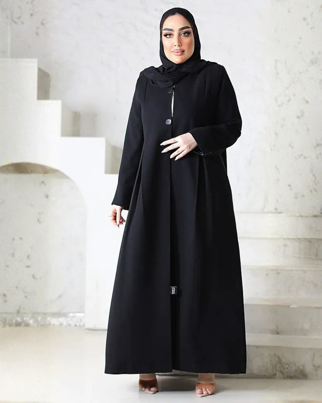 Black Pleated Button-Front Abaya