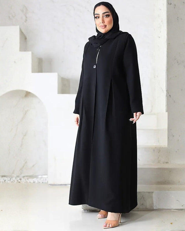 Black Pleated Button-Front Abaya