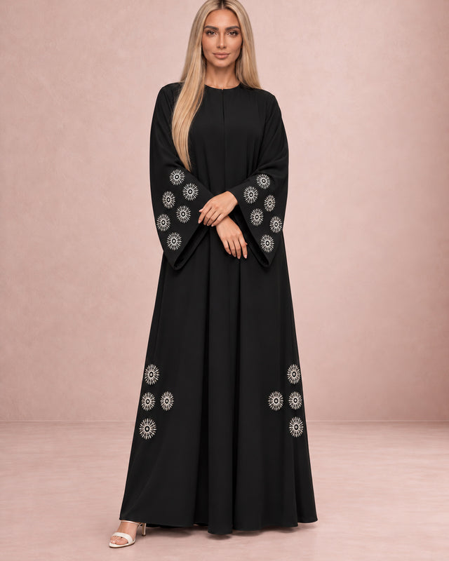 Fai Black Embroidered Crepe Abaya with Headscarf