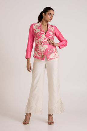 Jay Pink Eddie Wrap Vest and Embroidered Pants by Madder Much, pink wrap top with ivory floral applique and pants