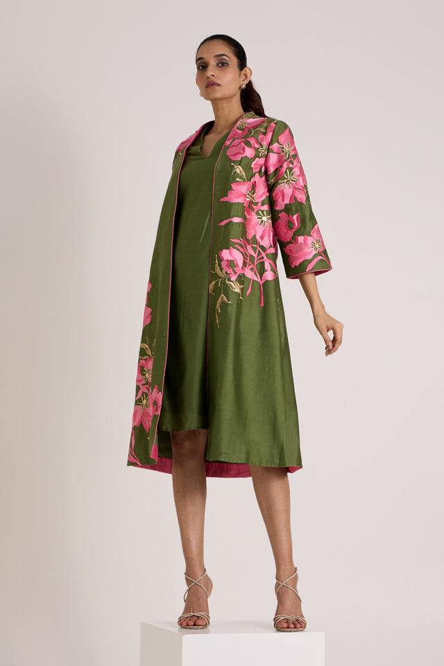 Olive Rafiya midi jacket with three quarter sleeves over the slip dress, three quarter view