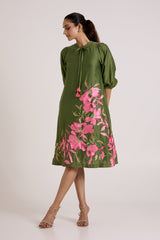 Olive Green Vinny Brunch Day Dress by Madder Much, puff sleeve dress with neck tie and pink floral hem applique