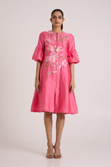 Jay pink Delphi dress without the belt, front view showing the button placket and applique