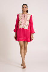 Jay pink Cory short dress with ivory floral applique panel, straight full length front view