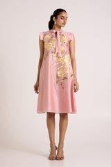 Ice Pink Helga Tab Sleeve Day Dress by Madder Much, A-line dress with neck bow and yellow floral applique, front view