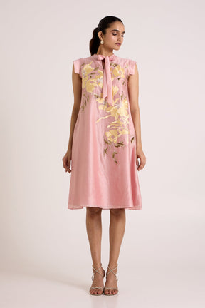 Ice Pink Helga Tab Sleeve Day Dress by Madder Much, A-line dress with neck bow and yellow floral applique, front view
