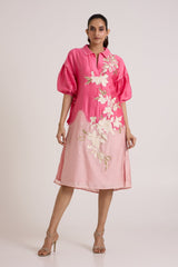 Jay pink Avina mingle dress with gathered puff sleeves, straight full length front view