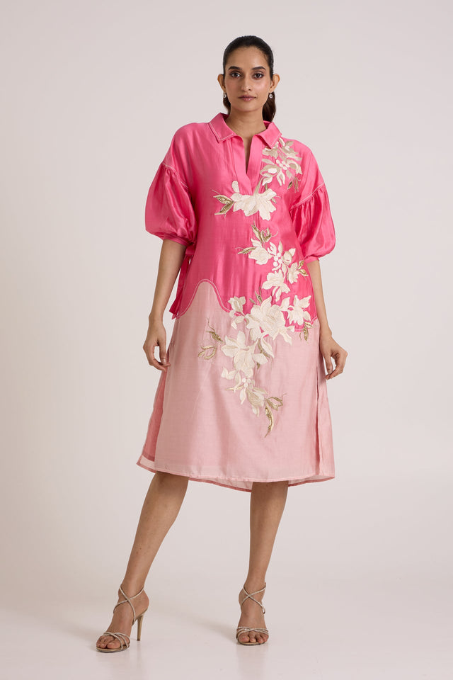 Jay pink Avina mingle dress with gathered puff sleeves, straight full length front view
