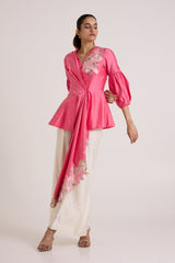 Jay Pink Velan Tiered Drop Top and Pants by Madder Much, pink wrap top with cascading drape and ivory wide pants
