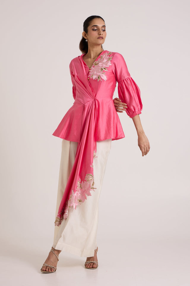 Jay Pink Velan Tiered Drop Top and Pants by Madder Much, pink wrap top with cascading drape and ivory wide pants