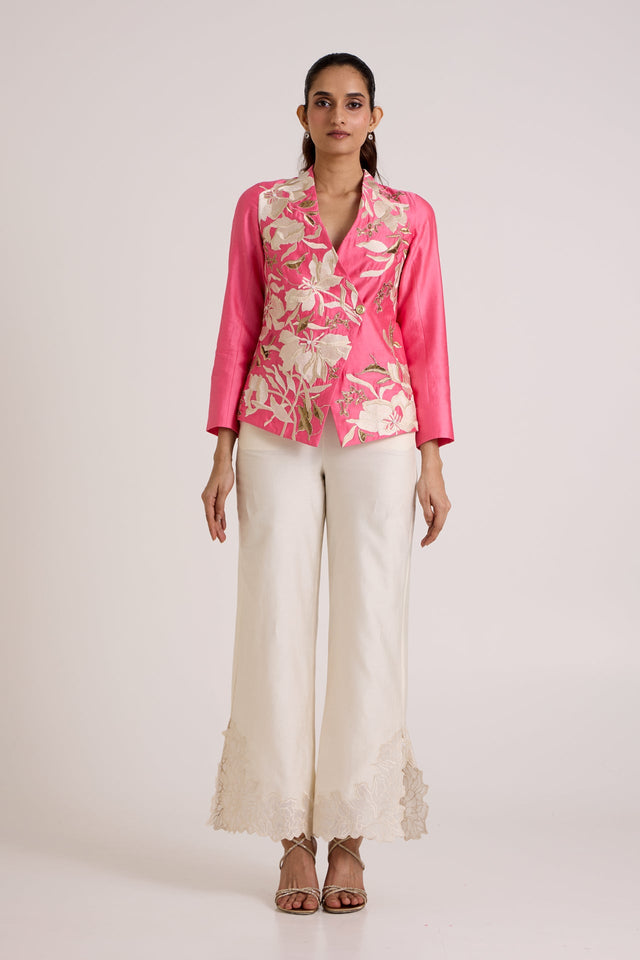 Jay pink Eddie wrap top and ivory pants with embroidered hems, straight front view
