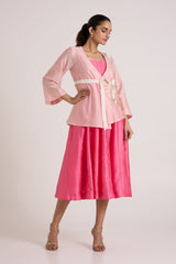 Jay Pink Hira-Jun Panelled Midi Dress with Overlap Jacket by Madder Much, blush belted jacket over hot pink midi