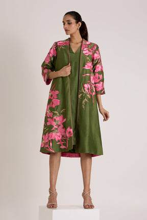 Olive Green Rafiya Midi Jacket and Slip Dress by Madder Much, olive jacket with pink floral applique over slip dress