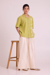 Shirt Binda Olive You, Mean It by Madder Much, lime green camp collar shirt with white cord floral embroidery