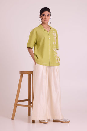 Shirt Binda Olive You, Mean It by Madder Much, lime green camp collar shirt with white cord floral embroidery