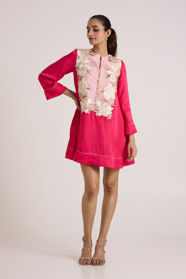 Jay Pink Cory Victorian Panelled Short Dress by Madder Much, bell sleeve dress with blush floral applique bib