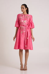 Jay Pink Delphi Floral Tie-Waist Midi Dress by Madder Much, pink dress with bell sleeves and floral applique, front view