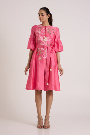 Jay Pink Delphi Floral Tie-Waist Midi Dress by Madder Much, pink dress with bell sleeves and floral applique, front view