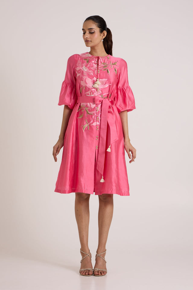 Jay Pink Delphi Floral Tie-Waist Midi Dress by Madder Much, pink dress with bell sleeves and floral applique, front view