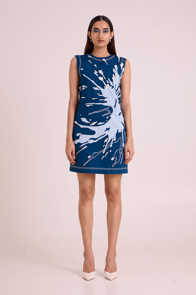Hudson Frozen Lake Short Dress by Madder Much, sleeveless teal shift dress with pale blue applique, front view