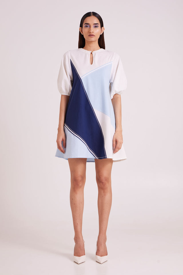 Juno Segmented Tide Short Dress by Madder Much, white, navy and sky blue panelled dress with puff sleeves, front view