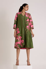 Olive Rafiya midi jacket open over the V neck slip dress, straight full length front view