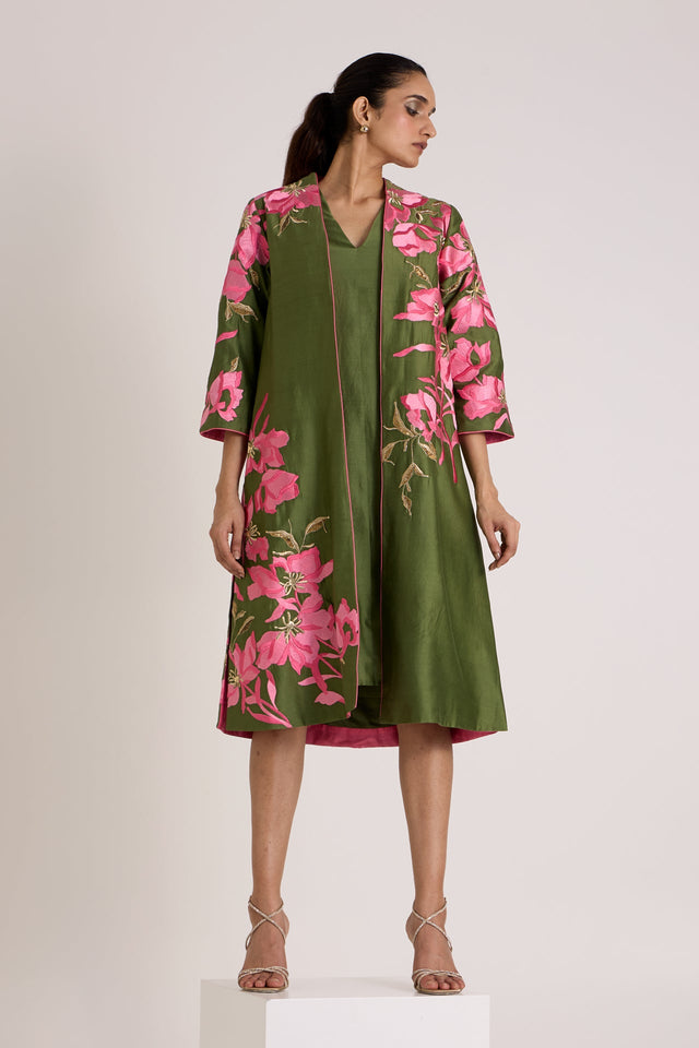 Olive Rafiya midi jacket open over the V neck slip dress, straight full length front view